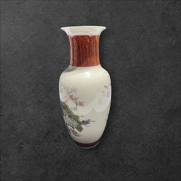 Vintage Japan Satsuma Floral Peacock 10 1/2” Vase Crackle Pattern - Picture 5 of 13